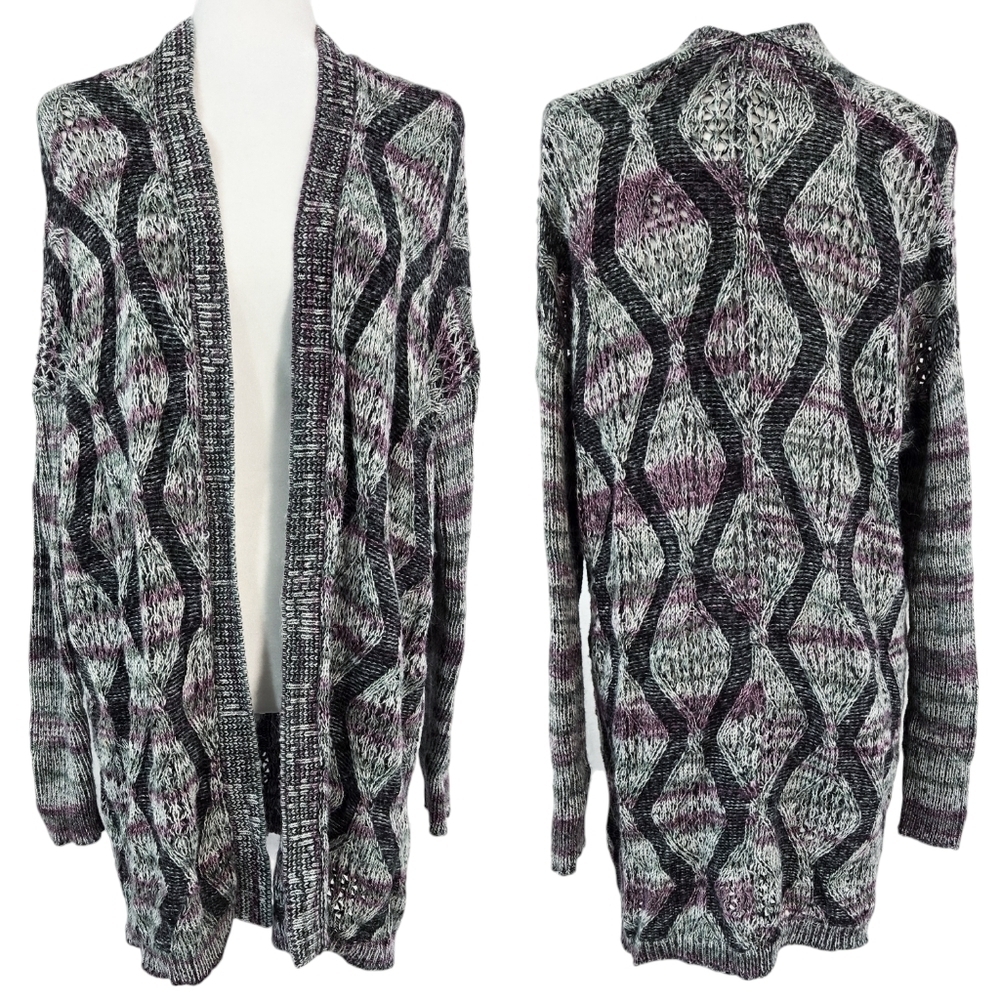 Soft Surroundings Gray Purple Tortuga Open Knit Wavy Longline Cardigan Cozy
